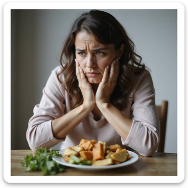 adult woman, photorealistic, diet not working, unable to lose weight, desperate and sad expression, sitting at table with healthy food but dissatisfied, natural light, kitchen background sticker