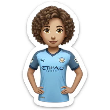 girl with short curly brown hair and eyes wearing Manchester City football shirt sticker