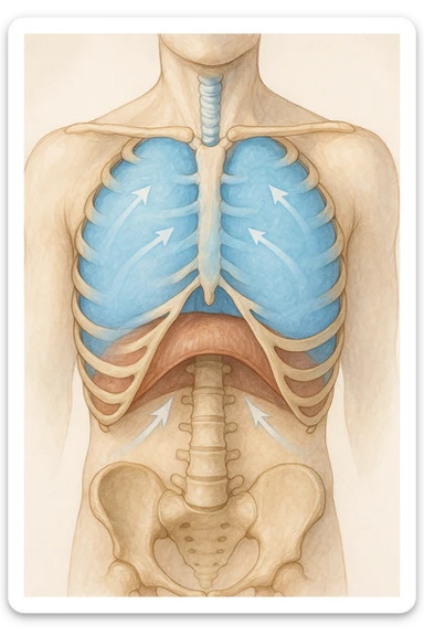 A realistic, high-quality anatomical illustration showing a human torso with visible rib cage and diaphragm. The ribs are shown in a decompressed, expanded state, allowing full lung expansion, while the diaphragm is depicted as relaxed and lowered, indicating deep, efficient breathing. Soft blue and warm tones highlight airflow and lung capacity, with light arrows illustrating the air movement during diaphragmatic breathing. The image conveys a sense of calm, openness, and optimal breathing mechanics, useful for physiotherapy, breathing education, and osteopathic learning contexts sticker
