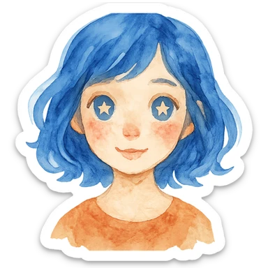 watercolor style girl with blue hair and stars in her eyes sticker