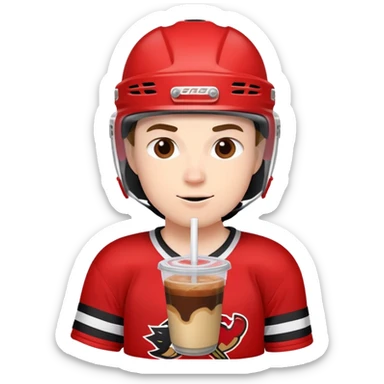 Hockey player in red and black wearing a helmet drinking an iced coffee  sticker