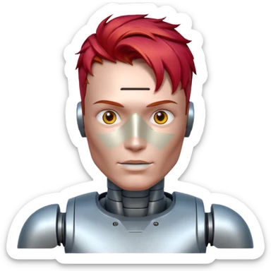 male robot with vibrant hair color and metalic face sticker