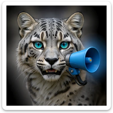 Enhance the snow leopard's eyes to be bright blue while maintaining the realistic professional photography style. Keep the background transparent if possible, otherwise use the style's default opaque background. sticker
