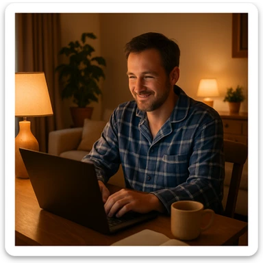 man in pajamas sitting at a desk with a laptop, cozy atmosphere, warm and inviting home environment sticker