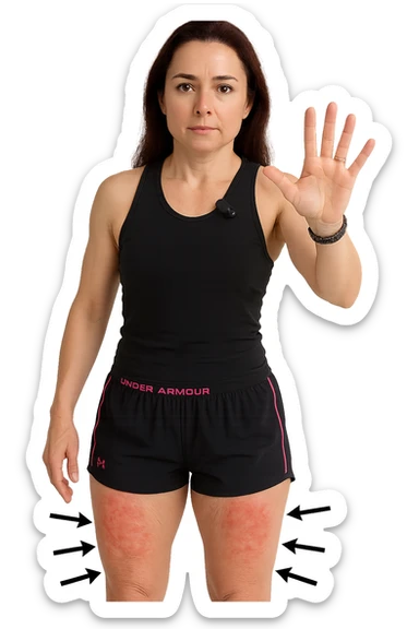 Donna con cellulite sulle cosce indica le cosce che sono infiammate di cellulite con frecce ad indicare  senza mano alzata come in foto. sticker