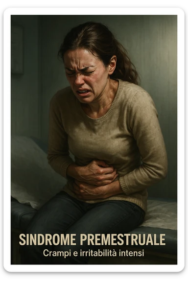 realistic and cinematic illustration of a woman suffering from severe cramps and irritability due to premenstrual syndrome, painful expression, contracted posture, clinical atmosphere, dramatic lighting, realistic details, Italian captions, vertical 2:3 format sticker