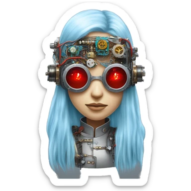 Light blue long hair female cyborg head with red steampunk goggles and circuits sticker