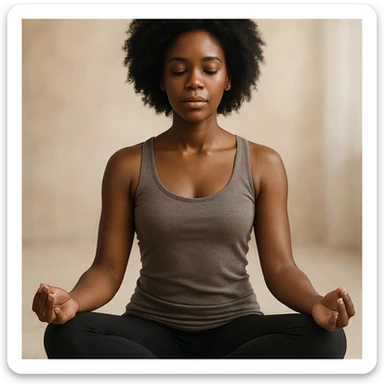 realistic style portrait of a black woman meditating, sitting in lotus position, with a soft background sticker