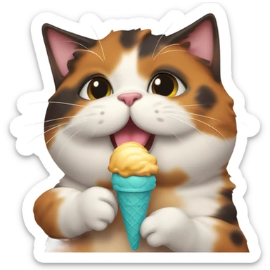 Cute fat tortoiseshell cat eating ice cream sticker