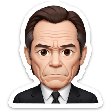 Tommy Lee Jones with dark brown hair, black suit sticker