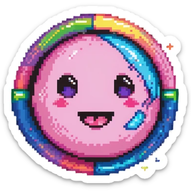 pink planet with vibrant rainbow rings and a cute winking face sticker