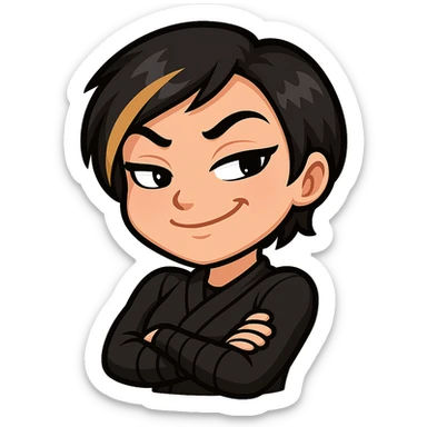 Sexy chibi ninja girl with black short hair and a blonde streak, only head and arms, colorful chibi style with bold outlines, transparent background, no mask, smug grin with a sideways glance and arms crossed, sized for Twitch emoji use. sticker