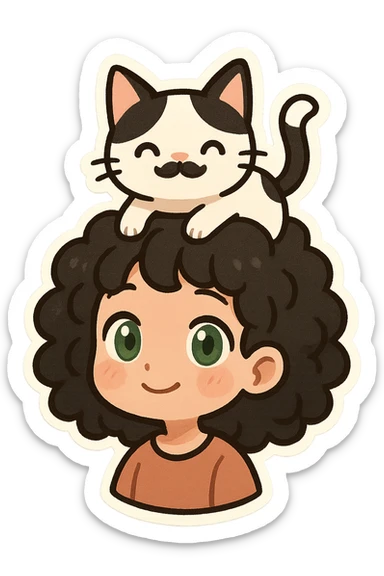 a white girl with medium black curly hair and green eyes, with a white and black cat standing on her head, the cat features a black spot under its nose like a mustache, playful cartoon style sticker