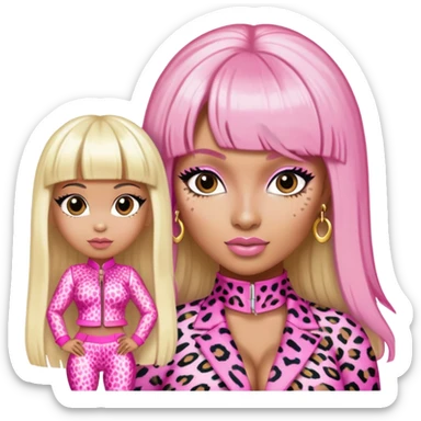 Nicki Minaj in pink and white leopard print outfit with half blonde half pink hair, blonde on left side, pink on right side, with bangs sticker