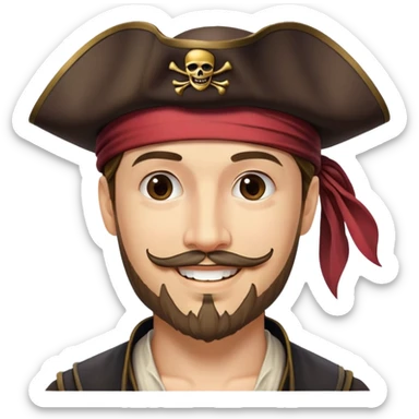"- Nam
- 30 tuổi
- Da trắng
- Râu quai nón
-  Cướp biển caribe
- Cười tươi, đội mũ cướp biển sticker