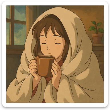 girl inside a blanket sipping coffee, eyes closed, style 7 sticker