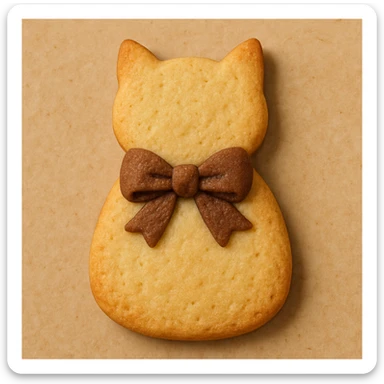 Transform the cookie into a cat-shaped cookie with no face, and add a brown bow. Blend the bow naturally into the cookie design. The style should resemble a cookie design with natural blending of the bow into the cookie texture and shape. sticker