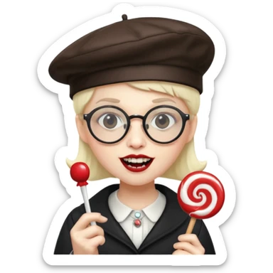 Vampire with lollipop, beret and glasses, teeth looks like vampire sticker