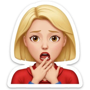Woman choking herself with a dramatic face sticker