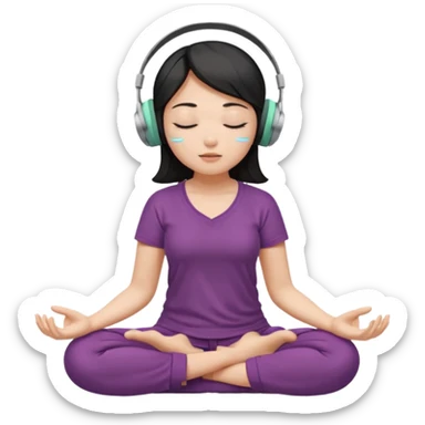 An East Asian woman is sitting cross-legged in a meditation pose, wearing Apple headphones and listening to music. The song is so beautiful that she has her eyes closed and tears streaming down her face. sticker