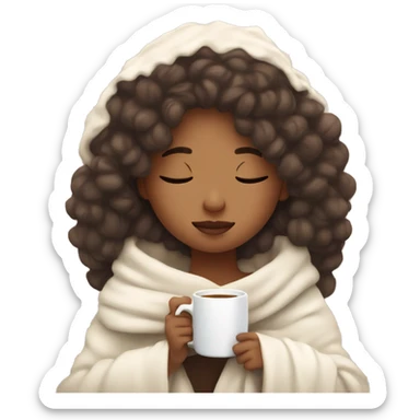 Cozy aesthetic girl wrapped in a white blanket holding a cup of coffe, eyes closed  sticker