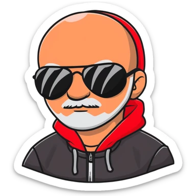 middle-aged man with minor hair growth on upper lip, black aviator sunglasses, red hoodie with hood covering head sticker