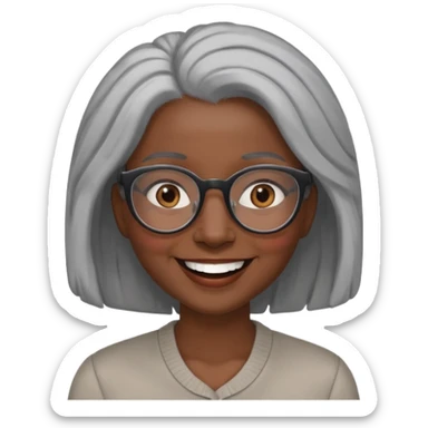 smiling dark black woman wearing glasses with lots of gray hair a sticker