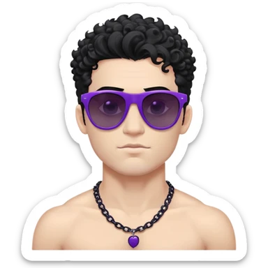 shirtless male athlete with white skin and moderately curly black hair on top with shaved sides, wearing purple sunglasses with very dark heavily tinted black lenses, and a simple plain black chain necklace, no earrings or other jewelry sticker