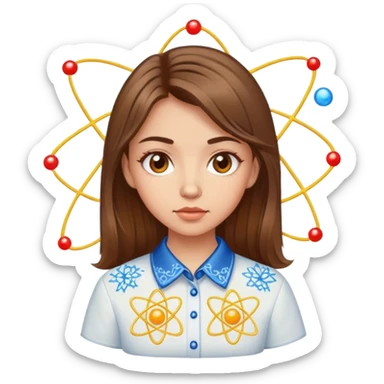 a Ukrainian girl with brown hair in an embroidered shirt and an atom sticker