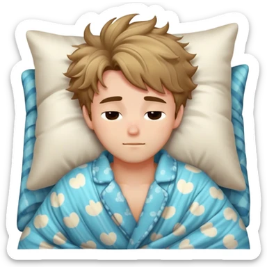 Adorable sleepy boyfriend with messy bed hair, pajama shirt slightly open, cuddling a pillow, cozy blanket, soft lighting sticker