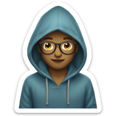 Een jongen met lang haar met bril en een hoodie sticker