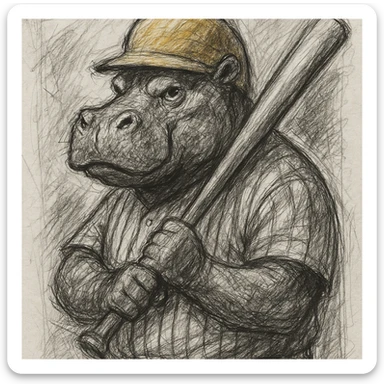 hippo holding a baseball bat, wearing a yellow helmet, pinstripes outfit sticker