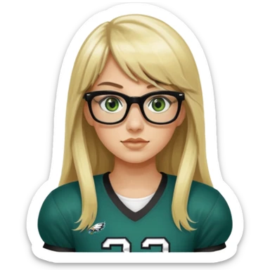 long blonde hair with bangs black rectangle glasses female green eyes football player wearing eagles jersey number 33 holding football sticker
