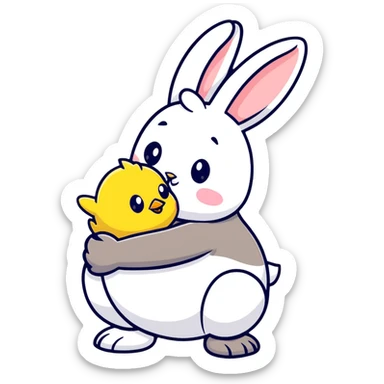 Adorable easter bunny hugging a small yellow chick sticker