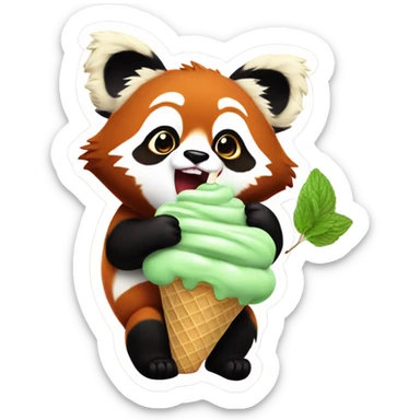 1 chubby extra large and small realistic Red panda eating mint chocolate chip ice cream  sticker