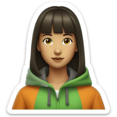 a young girl with slightly tanned skin.  straight bangs and dark hair.  she has bright green eyes and an orange coat sticker