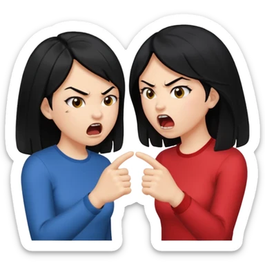 two girls with black hair, facing each other, angry yelling at each other sticker