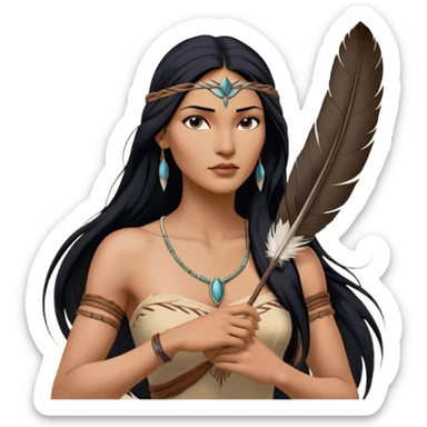 Cinematic Realistic Pocahontas Portrait, depicted with lifelike skin texture, soft natural lighting, and intricately detailed long, flowing raven-black hair that moves gracefully in the wind. Her deep, soulful dark brown eyes exude wisdom and strength, complemented by a serene yet powerful expression. She is shown gently holding a feather in one hand, her other hand resting lightly at her side, embodying the harmonious balance between nature and herself. She is dressed in her classic one-shoulder native American dress, with rich fabric textures and delicate beaded details that catch the light beautifully. The portrait features a soft, sun-kissed glow with a natural, radiant finish, capturing the essence of untamed beauty and deep connection to nature in a realistic and painterly style, evoking a sense of depth and authenticity. sticker