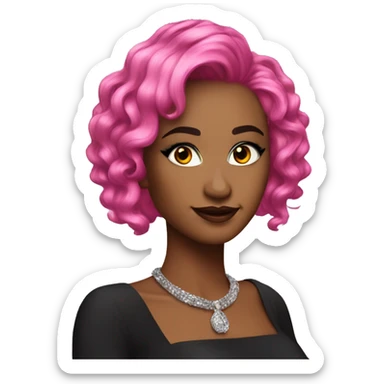 Create an emoji with a fierce and glamorous vibe: vibrant pink hair, dramatic makeup, bold eyelashes, and a confident smile. sticker