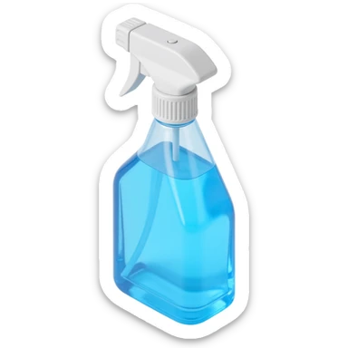 skeuomorphic 3D window cleaning spray bottle, photorealistic, transparent bottle, blue spray, light reflections sticker