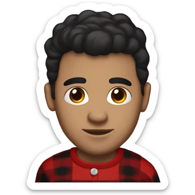 Man with black hair, light skin, brown eyes wearing red and black buffalo plaid pjs sticker