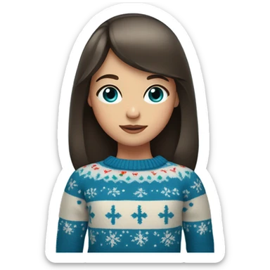 A girl with bangs of dark brown hair and blue eyes in a Christmas sweater sticker