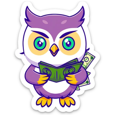 cute owl character symbolizing wealth luck, large green eyes, sparkling golden feathers, holding a money pouch in its feet, pastel tones, charming sticker style sticker