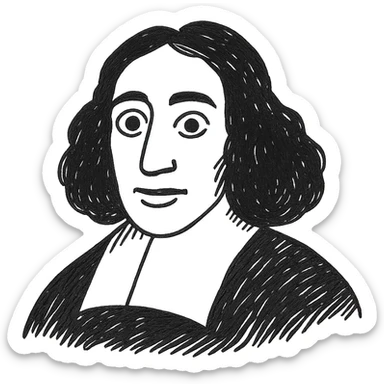 Keep the Spinoza black outline icon as in the second, more detailed version, but adjust the pupils so they are even and natural. Maintain the detailed, hand-drawn style, long curly hair, and 17th-century collar with transparent background. sticker