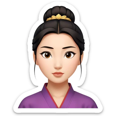 Cinematic Realistic Serene Mulan Portrait, showing Mulan (chest and above) with radiant, smooth skin and delicately detailed dark hair swept back in a neat bun. Her gentle, reflective expression is captured with soft natural lighting that highlights the nuanced textures of her features and traditional attire in muted hues. The composition glows with an inviting, natural radiance and subtle shadows, evoking a calm and introspective mood that speaks of quiet strength and enduring beauty. sticker