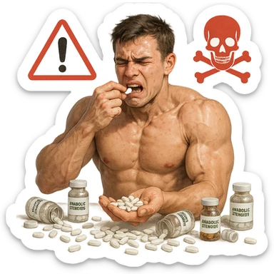 muscular young man inexperienced taking excessive anabolic pills, suffering expression, spilled vials, alarm and danger symbols, realistic details, isolated on white background sticker