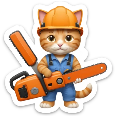 a cat in a construction helmet holds a chainsaw in his hands sticker