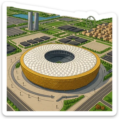 Изометричная, яркая, детализированная и фотореалистичная иллюстрация стадиона Lusail Stadium в стиле 3D-коллажей городов, насыщенные цвета, аккуратные и чёткие линии, мультяшно-реалистичная стилистика. Чёткие контуры, не размазанные линии, высокое качество, прозрачный фон, не обрезать края стадиона. sticker