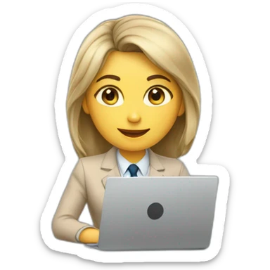 The girl is sitting at a laptop, she has gray eyes, shoulder-length hair, dressed in a beige business suit sticker