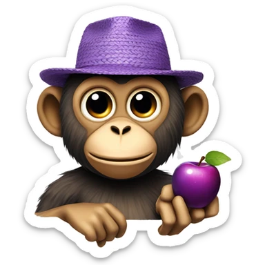 monkey with a straw hat and a purple swirley apple sticker